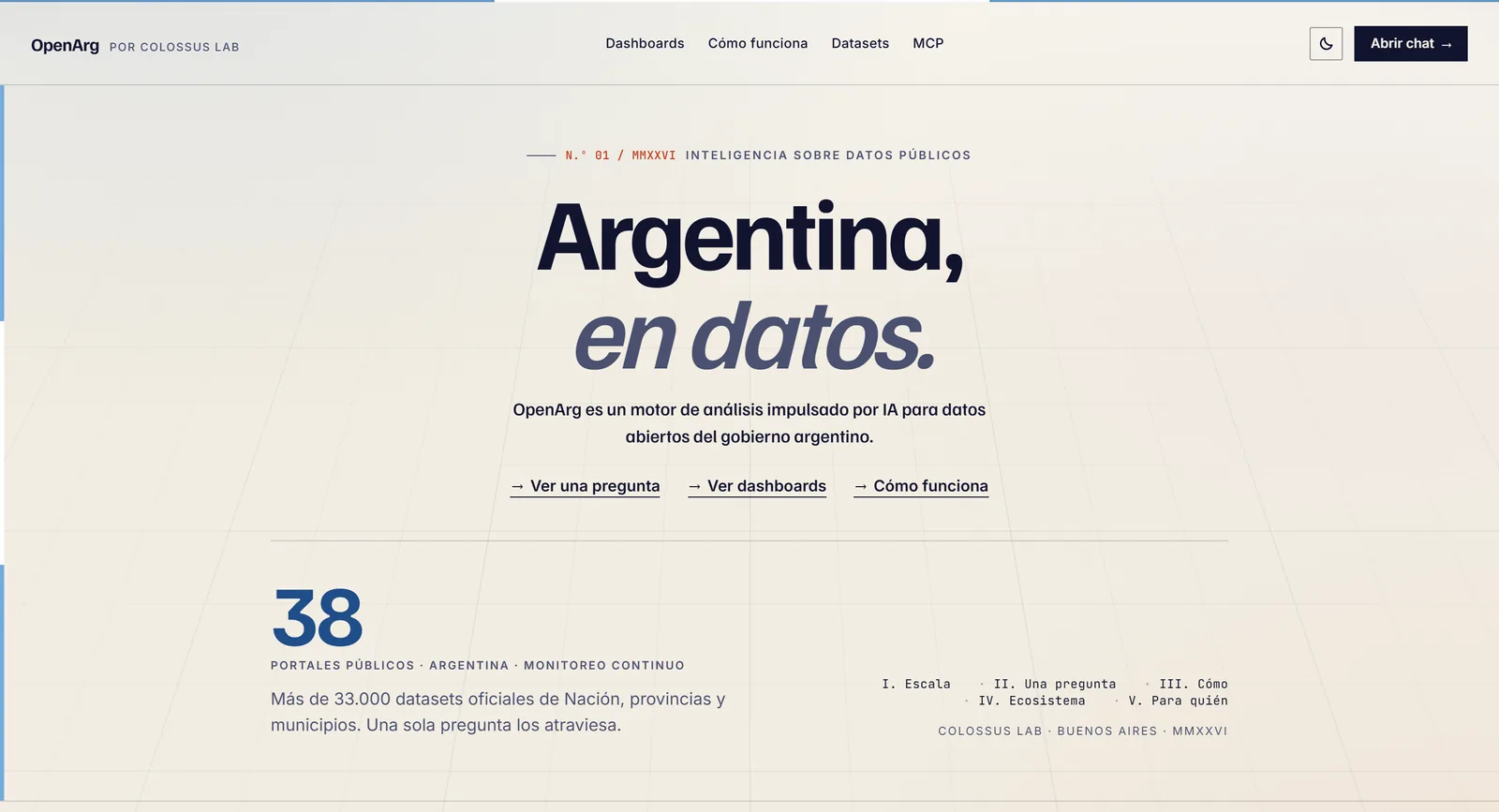 Portada de OpenArg: «Argentina, en datos», un motor de análisis con IA para los datos abiertos del gobierno argentino.